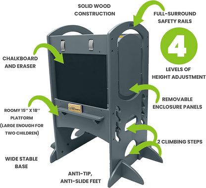 Limited Edition Adjustable Height Learning Tower for Toddlers - Wooden Activity Center with Chalkboard and Safety Rails in Earl Grey