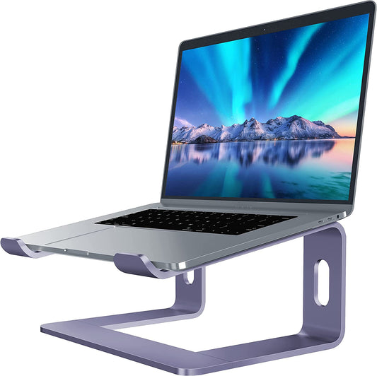 Premium Aluminum Laptop Stand - Ergonomic Riser for 10 to 15.6 Inch Notebooks - Stylish Purple Design