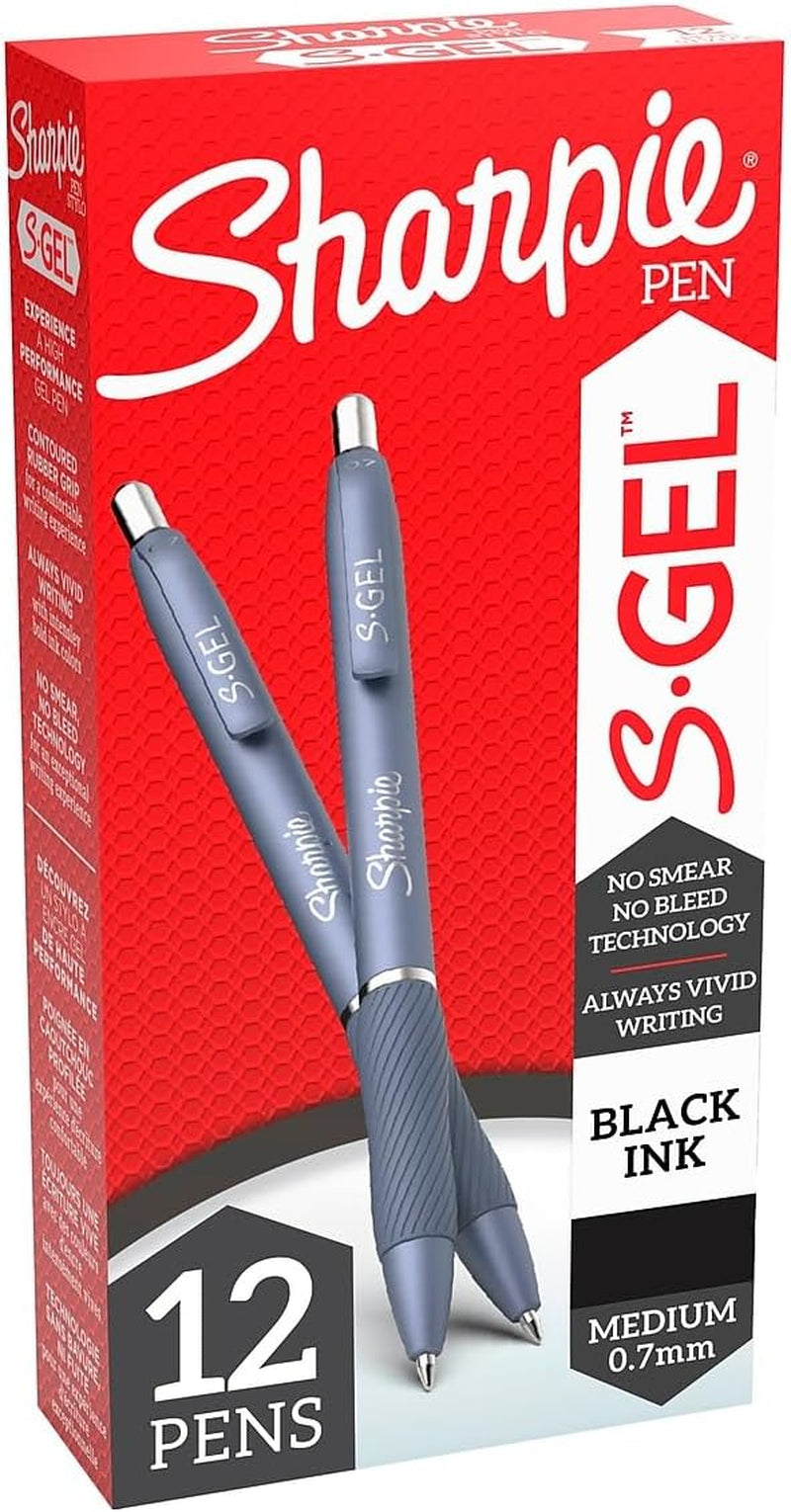 Sharpie S-Gel Gel Pens - Premium Medium Point 0.7mm Black Ink - 12 Count for Effortless Writing