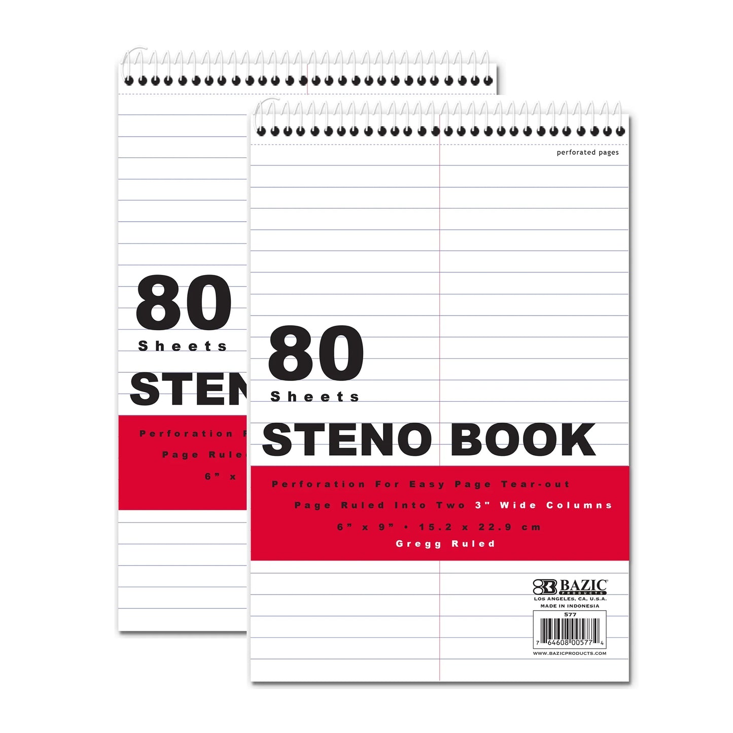 BAZIC Premium Perforated Writing Pads - 80 Sheets, 6" x 9" White Gregg Ruled Steno Books, Convenient 2-Pack for Efficient Note-Taking