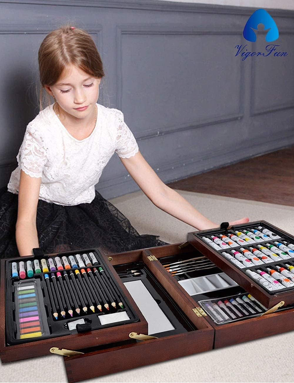 Deluxe Art Set in Wooden Case, Portable Art Painting Kit Includes Acrylic & Watercolor & Oil Paints, Oil Pastels, Colored Pencils, Creative Art Supplies Gift for Kids, Adults, Teens Girls Boys