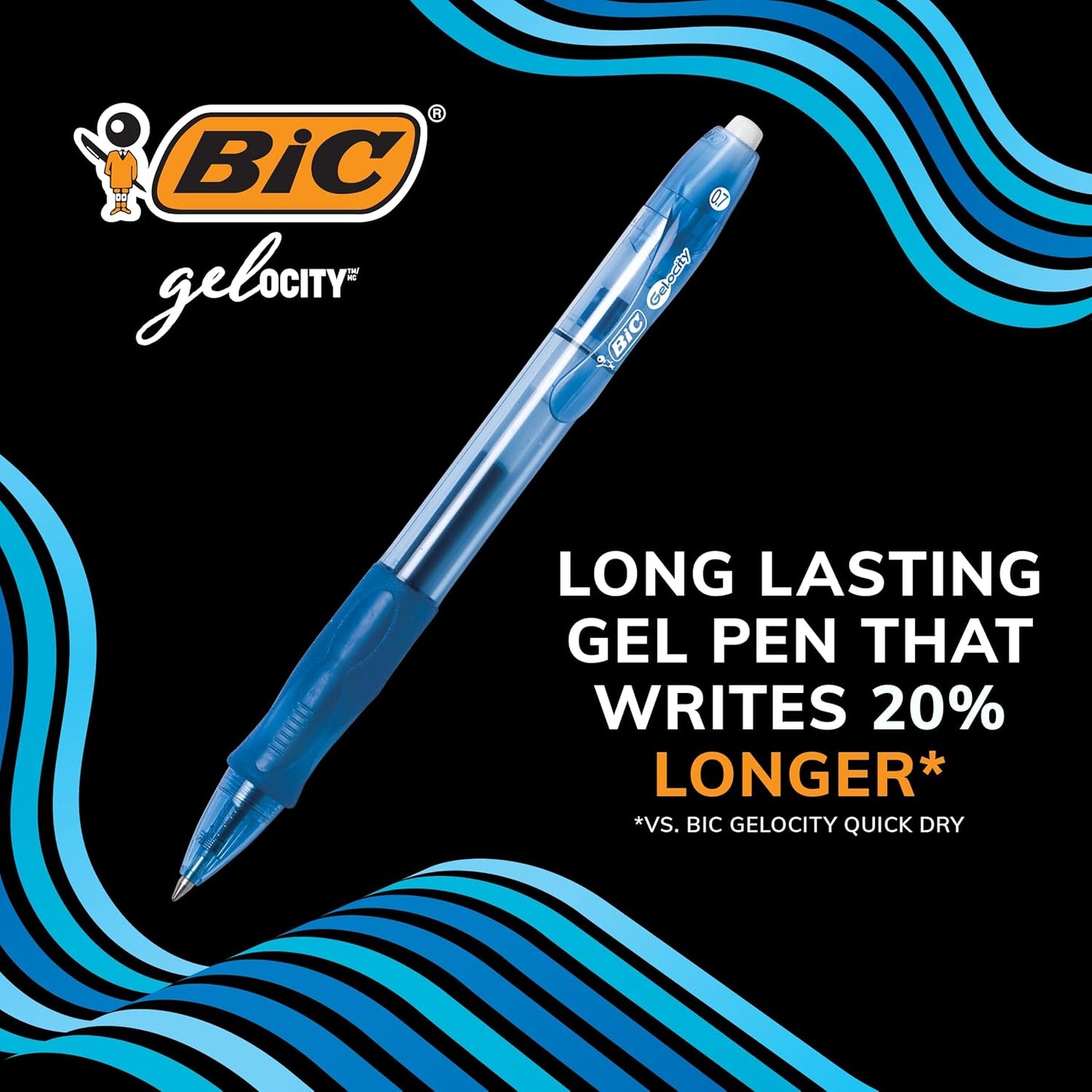 BIC Gelocity Original Blue Gel Pens - 12-Count Medium Point (0.7mm) Retractable Pens with Ergonomic Grip for Effortless Writing