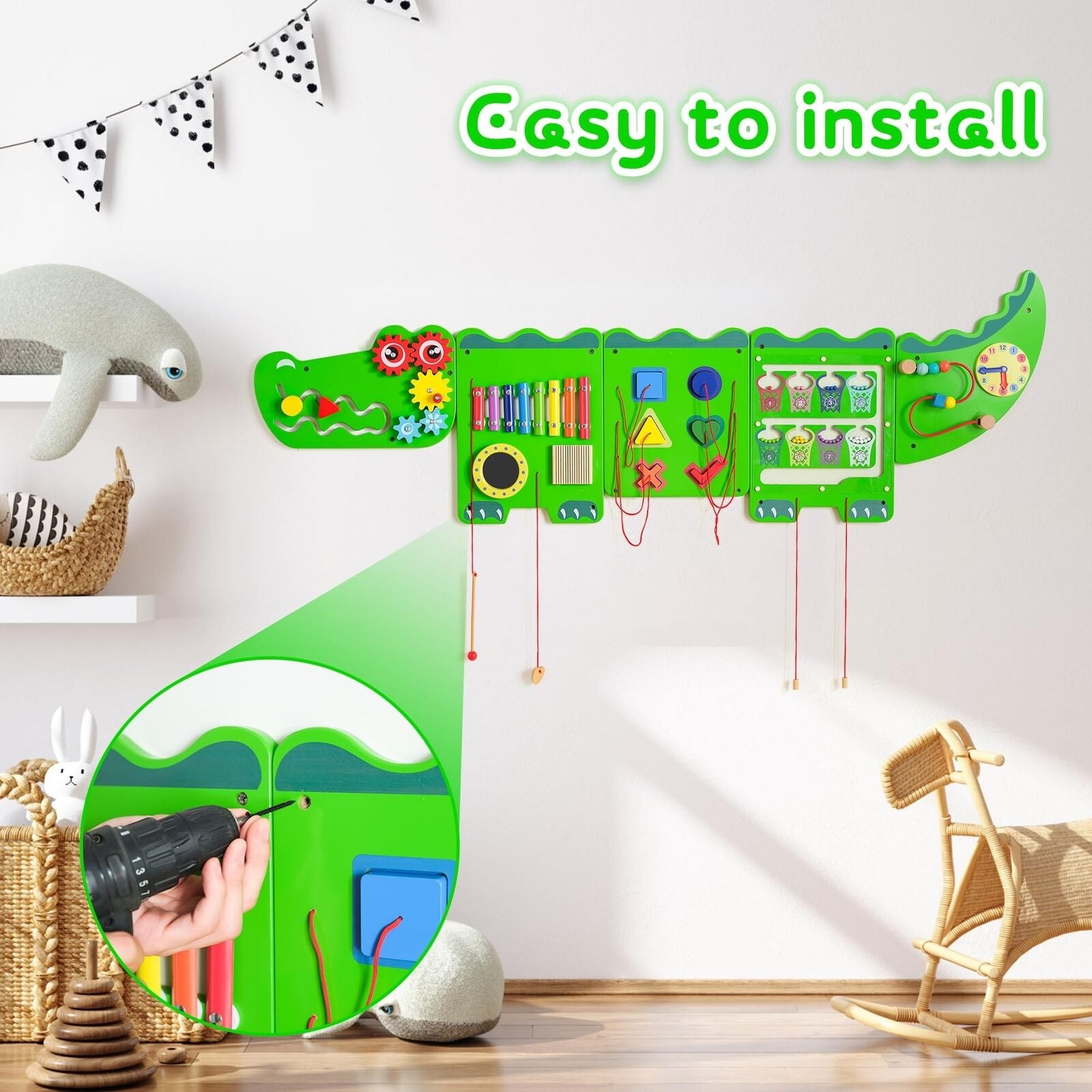 Engaging Crocodile Sensory Activity Wall Panels - Educational Montessori Busy Board for Toddlers 18 Months and Up - Interactive Green Wooden Learning Toy