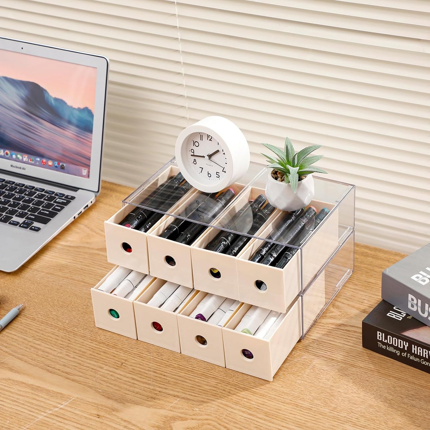 Premium 2 Pack Stackable Plastic Desk Organizer with 4 Drawers - Versatile Storage Solution for Office Supplies, Crafts, and More (Beige)