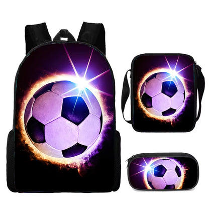 3-Piece Cartoon School Backpack Set for Boys and Girls with Football Design - Lightweight and Customizable