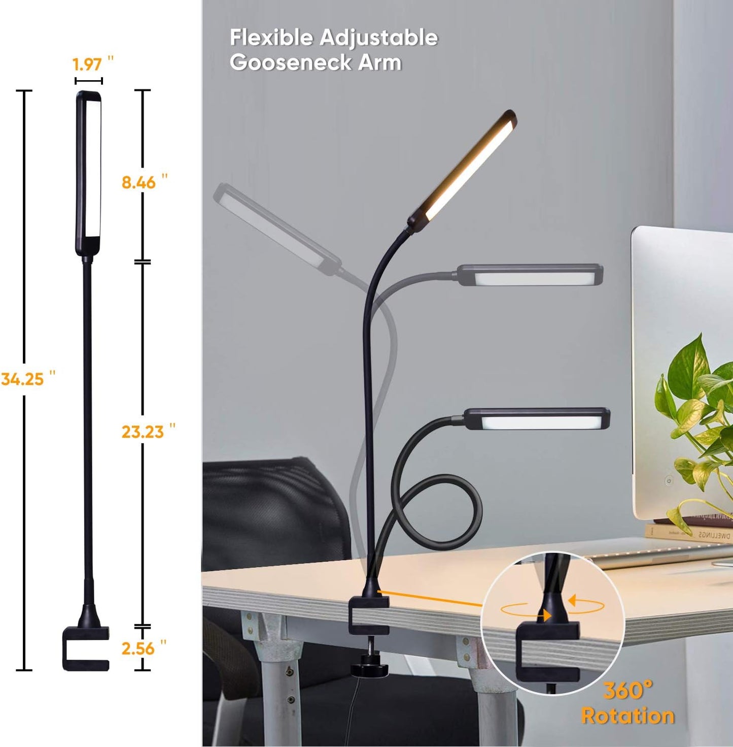 Versatile LED Desk Lamp with Gooseneck Flexibility - Touchable Dimmable Clamp Light for Home Office and Reading