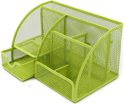 Stylish Green Mesh Desk Organizer with 6 Compartments and Drawer for Office and School Supplies