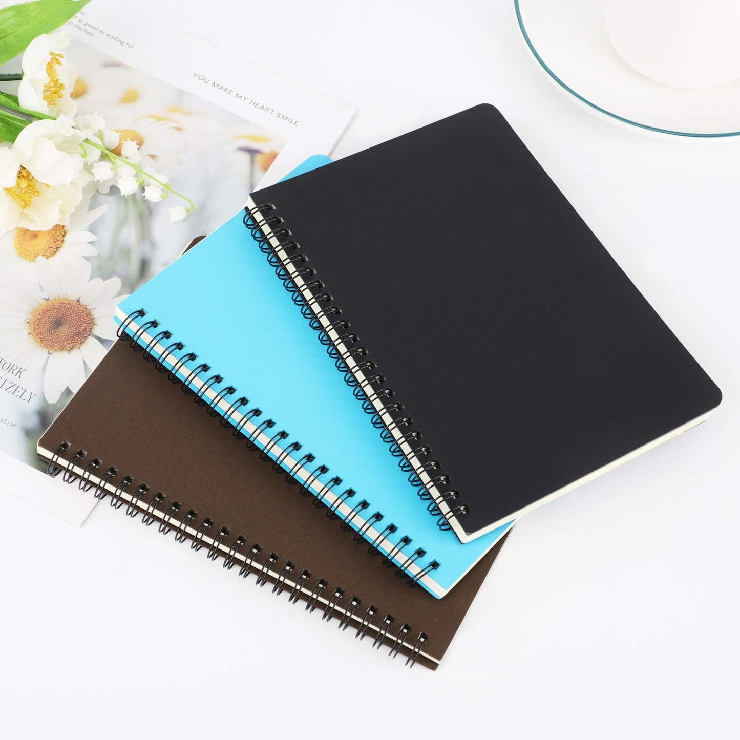 Premium A5 Spiral Ruled Notebooks - 3 Pack of Lined Travel Writing Journals with Soft Covers in Black, Blue, and Coffee