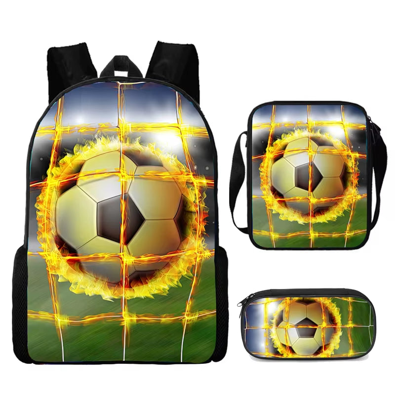 3-Piece Cartoon School Backpack Set for Boys and Girls with Football Design - Lightweight and Customizable