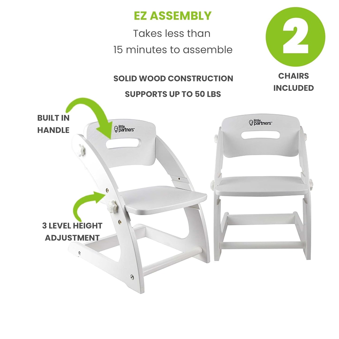 Elevate Your Child's Seating Experience with Adjustable Height Grow with Me Chairs – Stylish Wooden High Chairs for Toddlers and Children (Set of 2, Supports Up to 50 lbs) in Soft White Finish