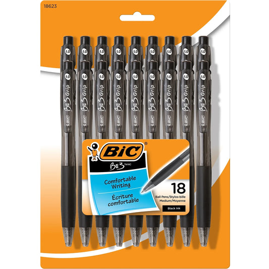 Premium BU3 Grip Ballpoint Pen with Convenient Side Click Retraction - 0.7 mm Black Ink, 18 Count Pack