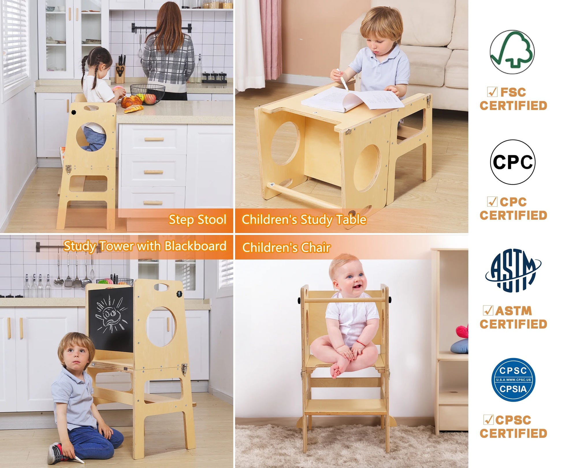 Transformative 4-in-1 Montessori Study Tower with Chalkboard: The Ideal Kitchen Companion for Toddlers Aged 1-6