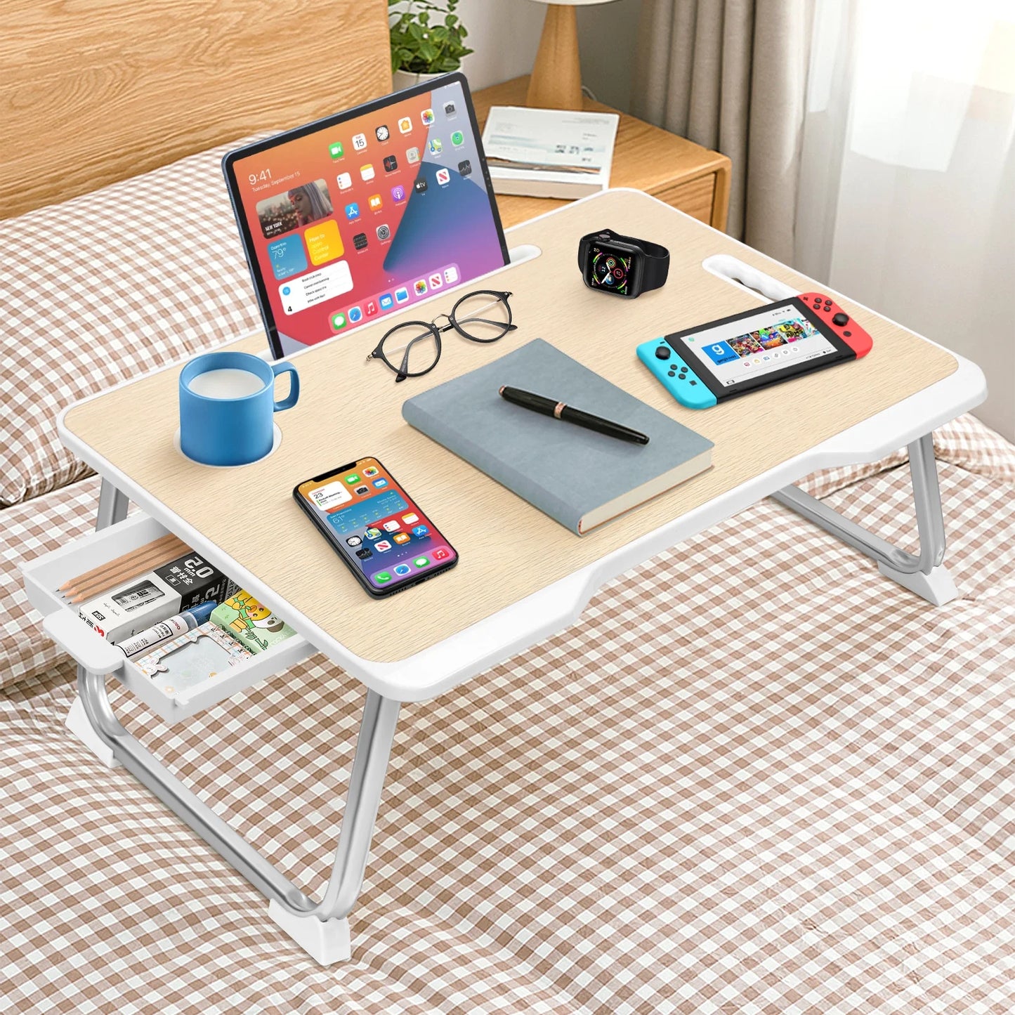 Premium Large Lap Desk for Bed - Versatile Portable Laptop Table with Storage Drawer and Cup Holder in Elegant Teak Finish