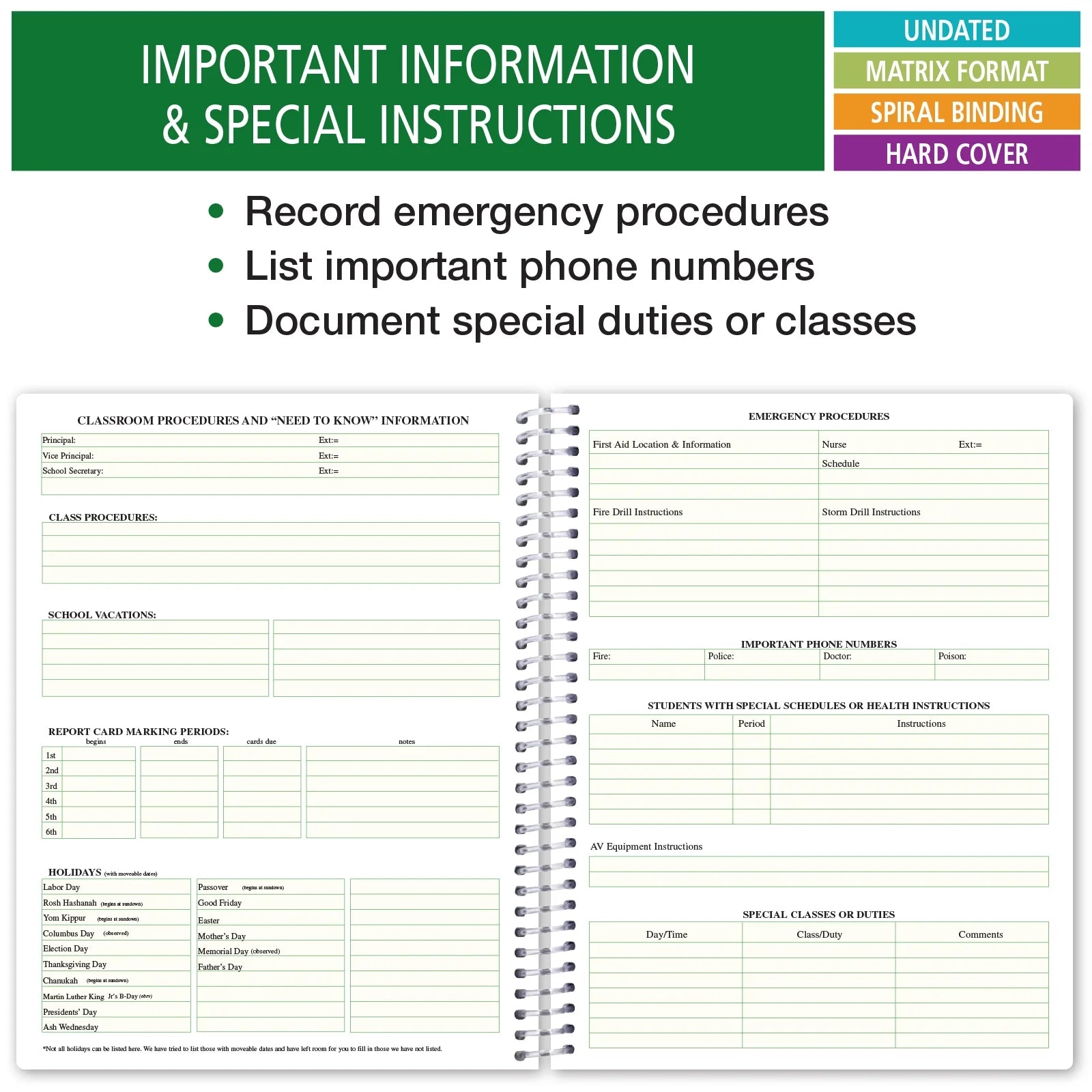 HARDCOVER Combination Plan and Record Book: One Efficient 8.5" X 11" Book for Lesson Plans & Grades Combines W101 and R1010 (PR7-10) (+) Bonus Clip-In Bookmark (Blue Green Flowers)