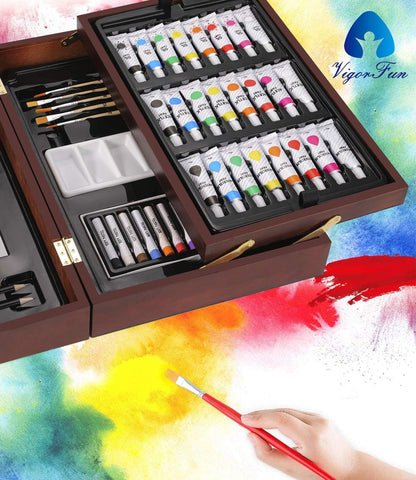 Deluxe Art Set in Wooden Case, Portable Art Painting Kit Includes Acrylic & Watercolor & Oil Paints, Oil Pastels, Colored Pencils, Creative Art Supplies Gift for Kids, Adults, Teens Girls Boys