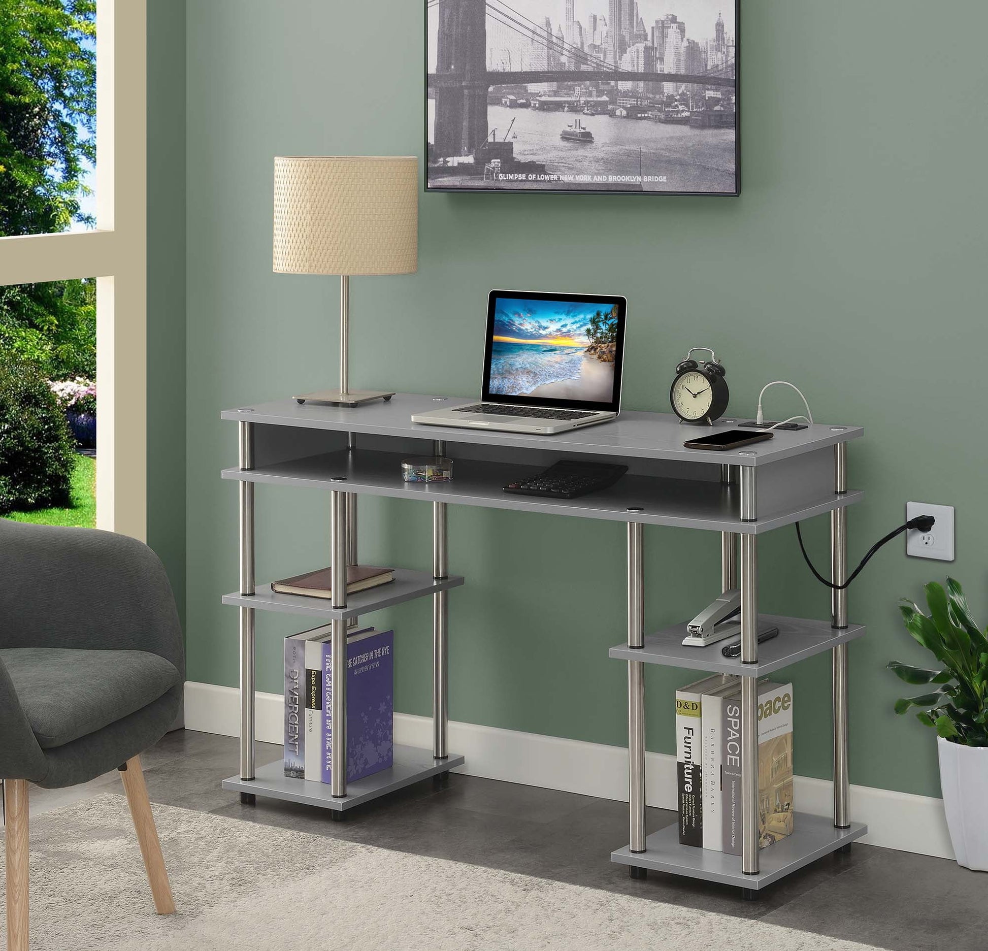 30-Inch Tall Student Desk with Charging Station and Shelves, Gray - No Tools Assembly Required