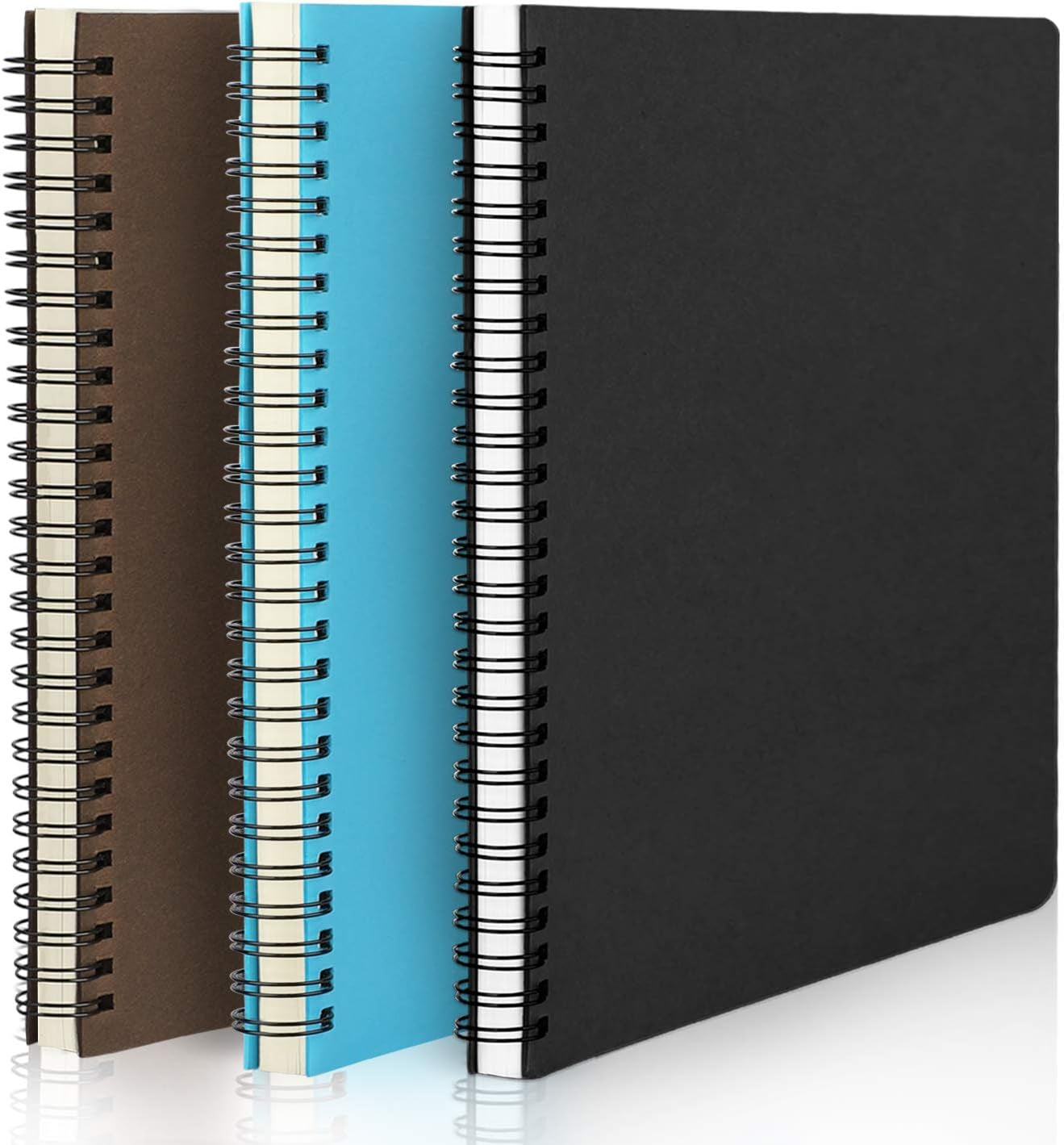 Premium A5 Spiral Ruled Notebooks - 3 Pack of Lined Travel Writing Journals with Soft Covers in Black, Blue, and Coffee