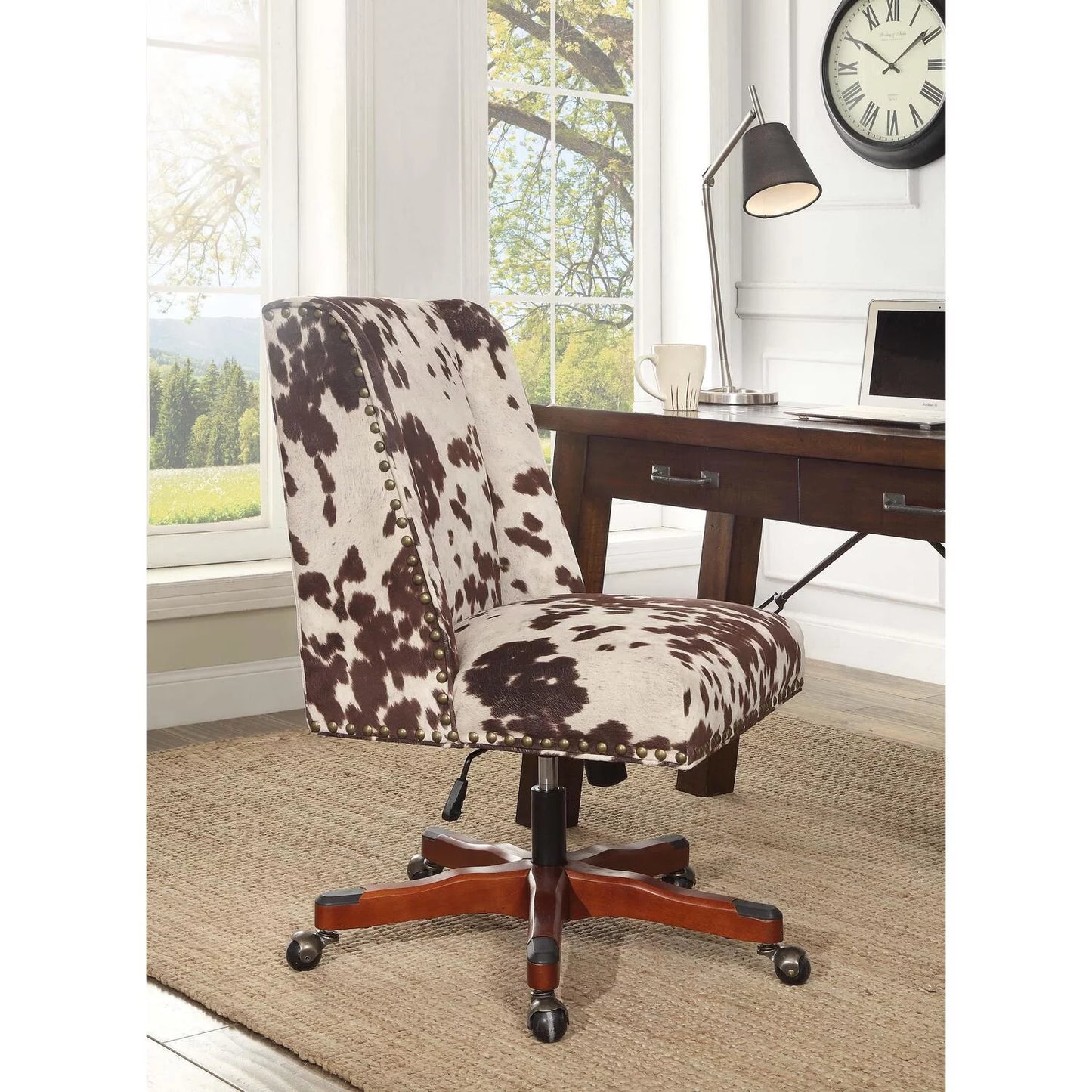 Draper Brown Cow Print Upholstered Office Chair with Adjustable Height and Walnut Base