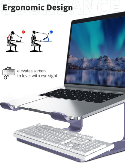 Premium Aluminum Laptop Stand - Ergonomic Riser for 10 to 15.6 Inch Notebooks - Stylish Purple Design