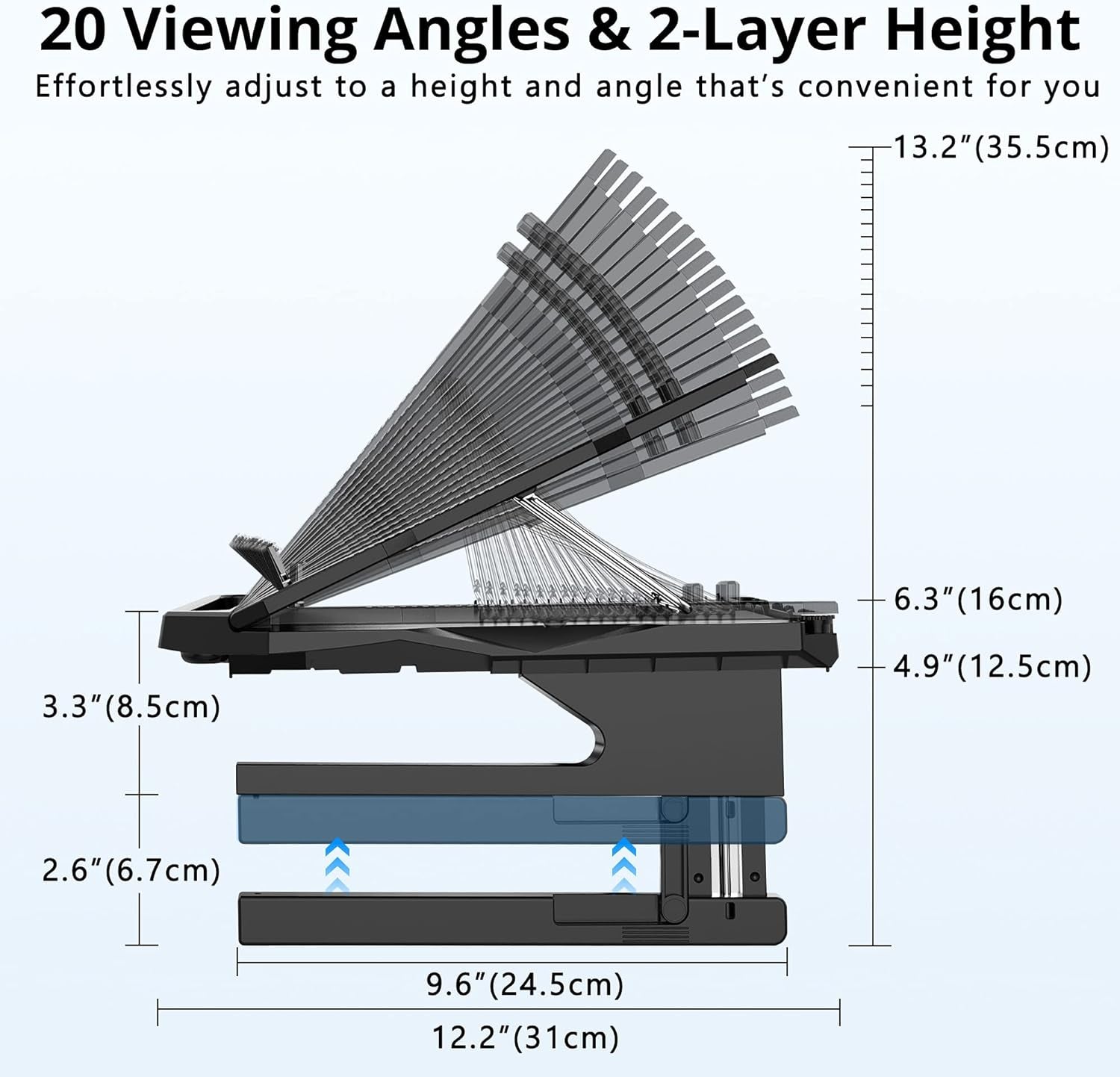 Laptop Stand, 20 Angles Two-Layer Height Adjustable Laptop Stands, Portable Laptop Riser with 360 Rotating Base Storage Space & Extra Phone Holders Compatible with 10''-17'' Laptops Black