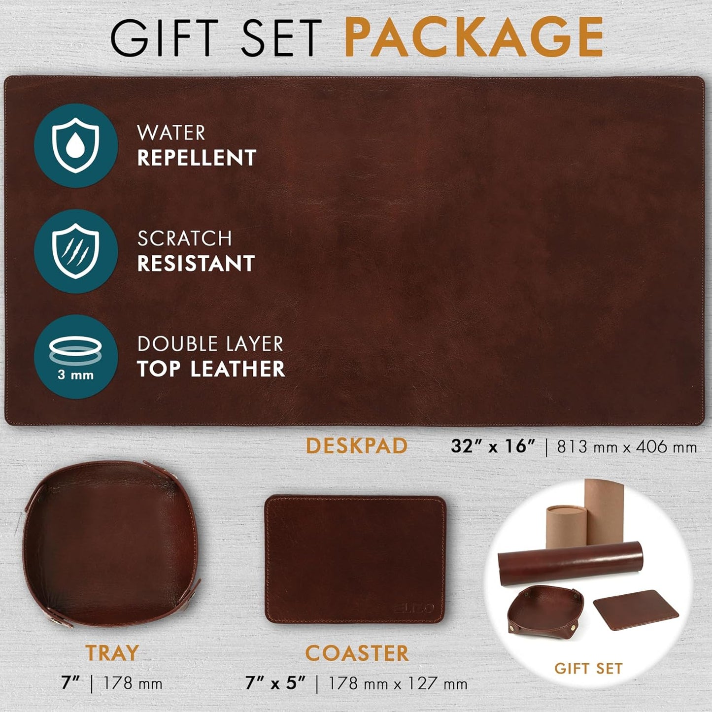 Premium Chestnut Leather Desk Mat Set - Full Grain 32x16 Blotter, Coaster & Tray for Office & Home - Ultimate Mouse Pad and Workspace Organizer