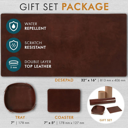 Premium Chestnut Leather Desk Mat Set - Full Grain 32x16 Blotter, Coaster & Tray for Office & Home - Ultimate Mouse Pad and Workspace Organizer