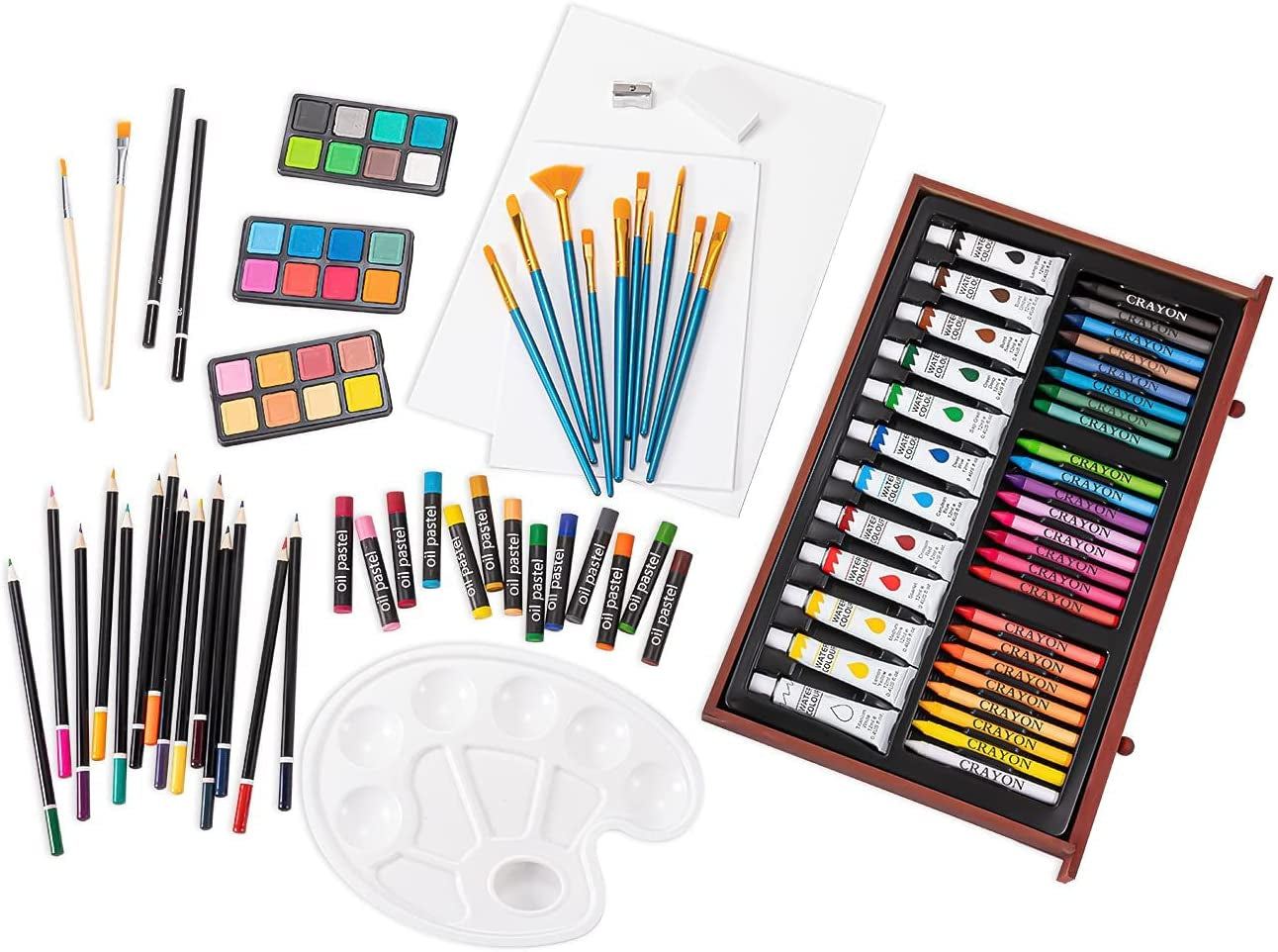 Deluxe Wooden Art Set: Comprehensive 129-Piece Drawing and Painting Kit with Watercolor Paints, Brushes, Sketch Pads, and More - Perfect Creative Gift for All Ages