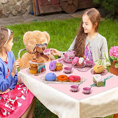 Charming Tea Party Set for Young Girls - Complete Pretend Play Kit with Teapot, Desserts, Tablecloth, and Carrying Case for Ages 3-6