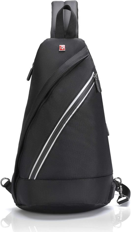 Sling Backpack Tablet - Swiss-Engineered Design with Rapid USB Charging and RFID Anti-Theft Features - Ideal for Travel and Biking (10.2 inches, Black)