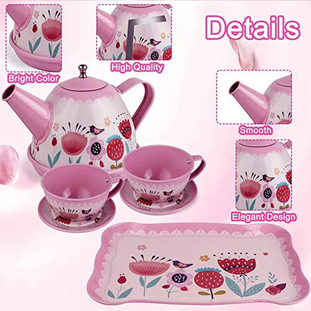 Charming Tea Party Set for Young Girls - Complete Pretend Play Kit with Teapot, Desserts, Tablecloth, and Carrying Case for Ages 3-6