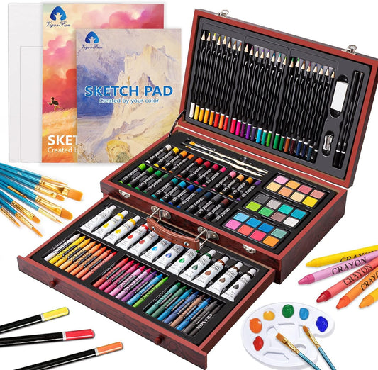 Deluxe Wooden Art Set: Comprehensive 129-Piece Drawing and Painting Kit with Watercolor Paints, Brushes, Sketch Pads, and More - Perfect Creative Gift for All Ages