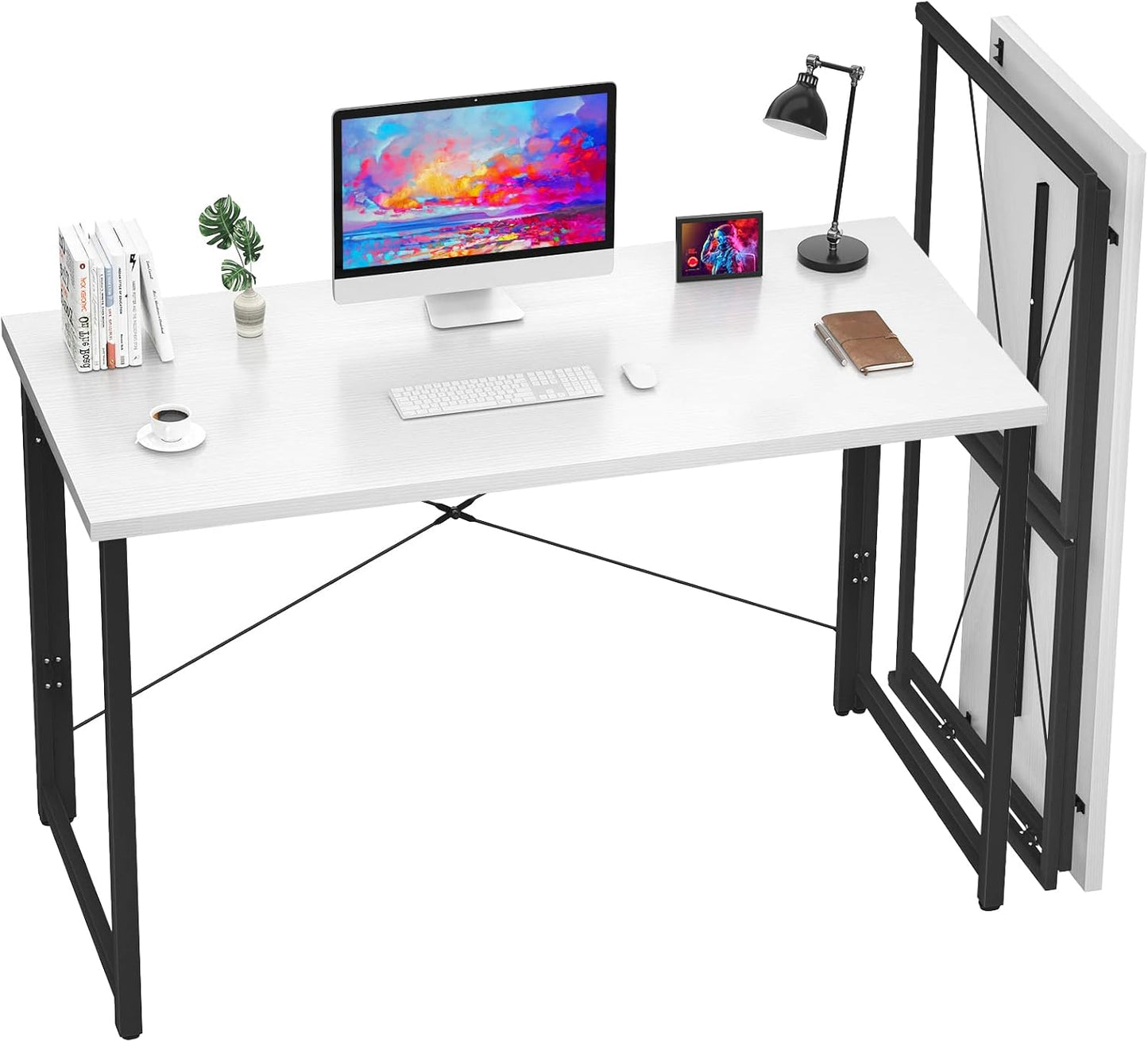 Compact Folding Computer Desk - 41 Inch No Assembly Required Small Workstation for Home Office and Writing | Elegant White Design