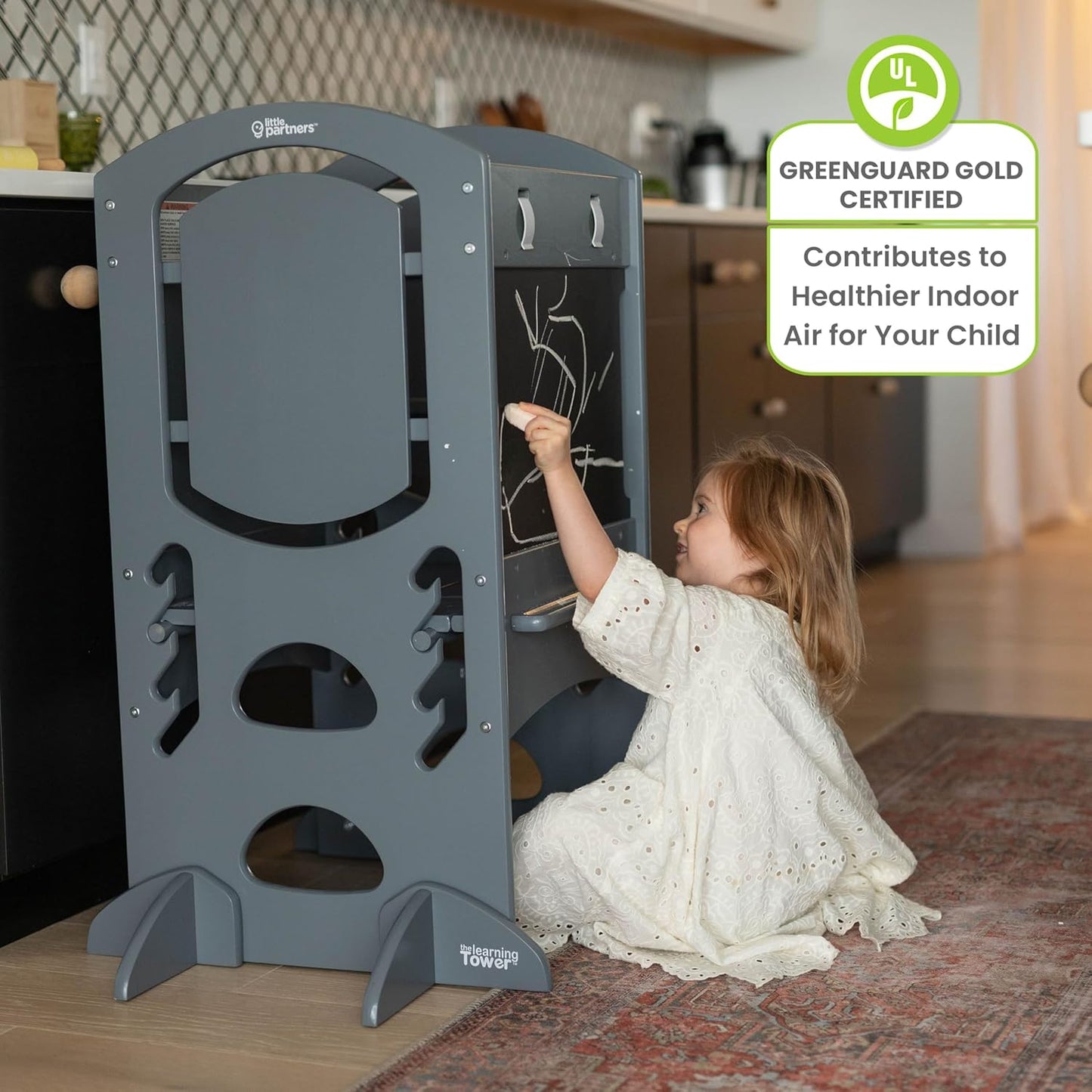 Limited Edition Adjustable Height Learning Tower for Toddlers - Wooden Activity Center with Chalkboard and Safety Rails in Earl Grey