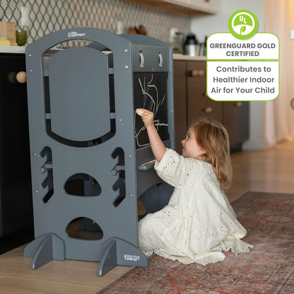 Limited Edition Adjustable Height Learning Tower for Toddlers - Wooden Activity Center with Chalkboard and Safety Rails in Earl Grey