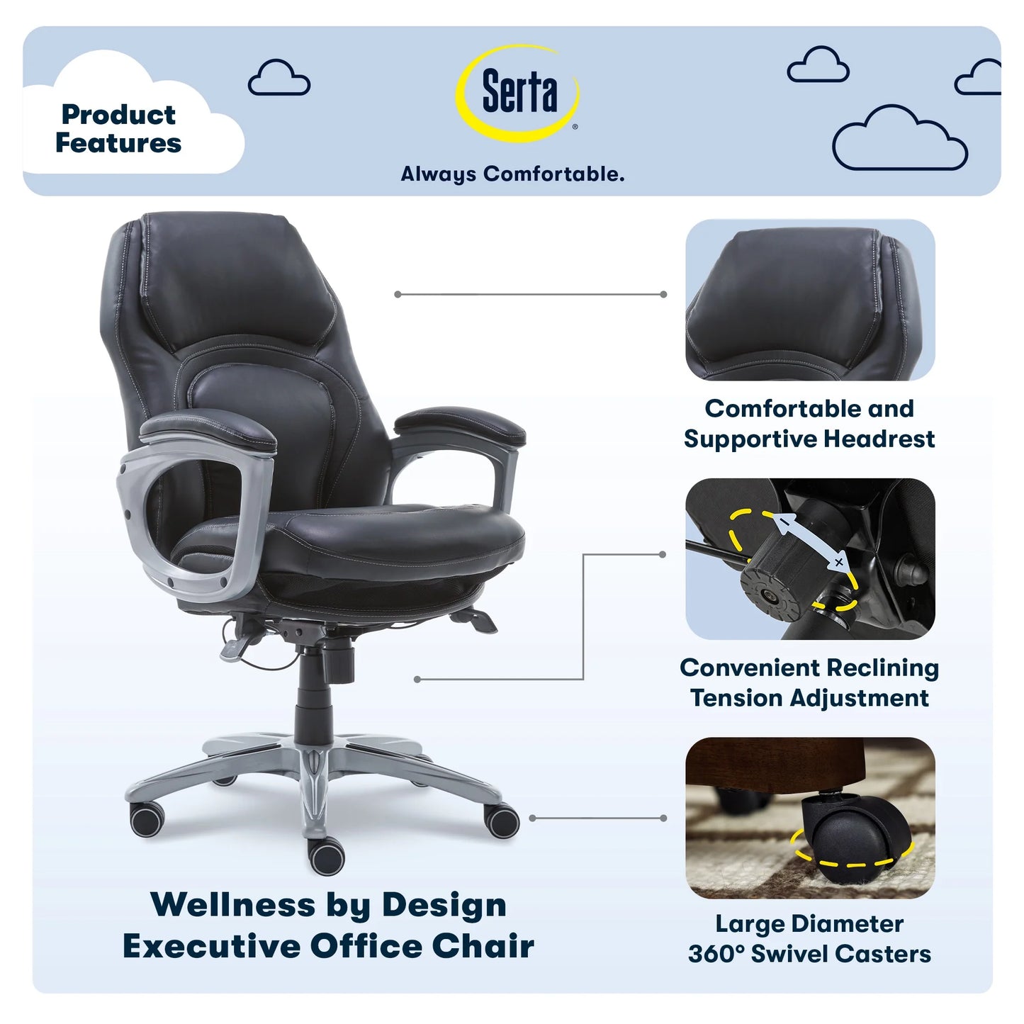 Ergonomic Black Bonded Leather Executive Office Chair with Active Lumbar Support