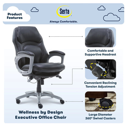 Ergonomic Black Bonded Leather Executive Office Chair with Active Lumbar Support