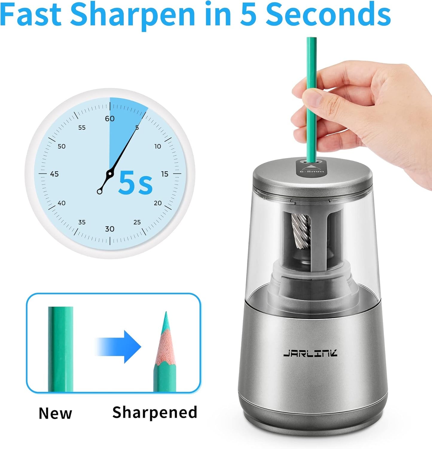 Premium Electric Pencil Sharpener with Heavy-Duty Helical Blade for Quick and Efficient Sharpening of No.2 and Colored Pencils - USB/Battery Operated in Sleek Gray Design