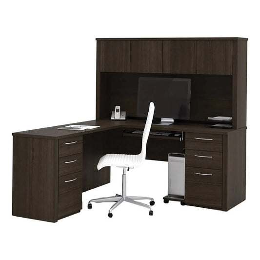 Elegant 66" L-Shaped Wood Computer Desk with Hutch in Rich Chocolate Finish