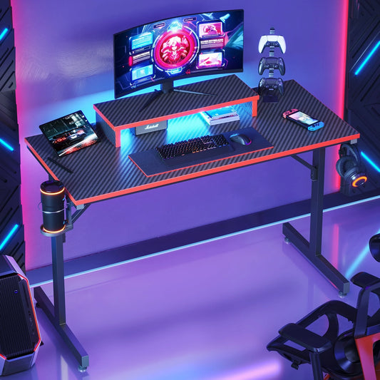 42-Inch Red Gaming Desk with LED Lights and Monitor Stand - Perfect for PC Gamers