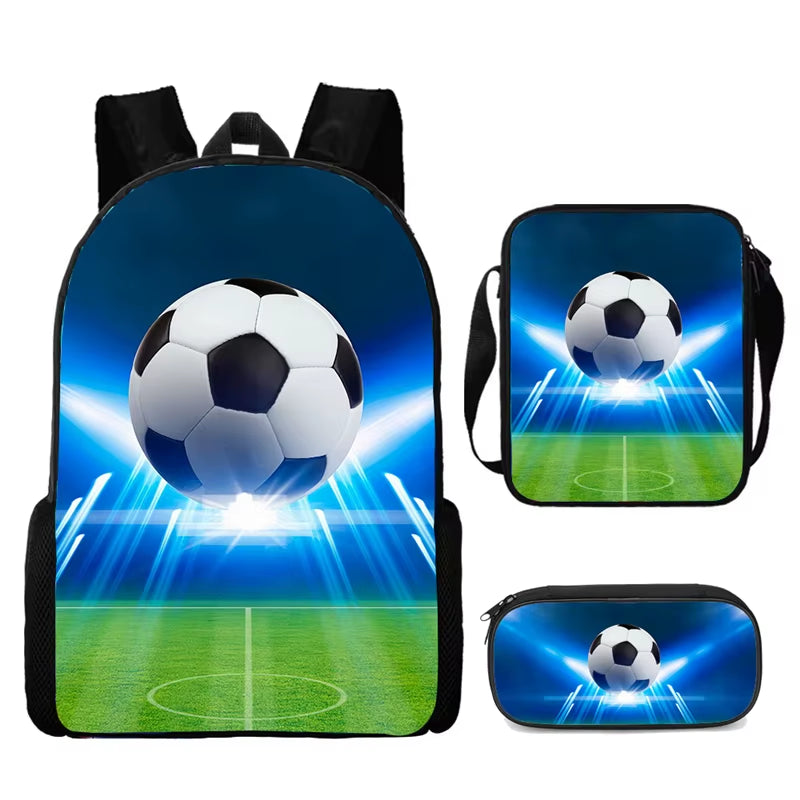 3-Piece Cartoon School Backpack Set for Boys and Girls with Football Design - Lightweight and Customizable