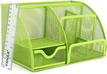 Stylish Green Mesh Desk Organizer with 6 Compartments and Drawer for Office and School Supplies