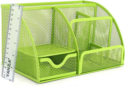 Stylish Green Mesh Desk Organizer with 6 Compartments and Drawer for Office and School Supplies