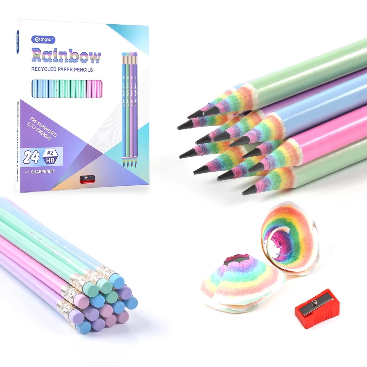 Premium Eco-Friendly Number 2 Pencils - 24 Pack with Vibrant Rainbow Colors