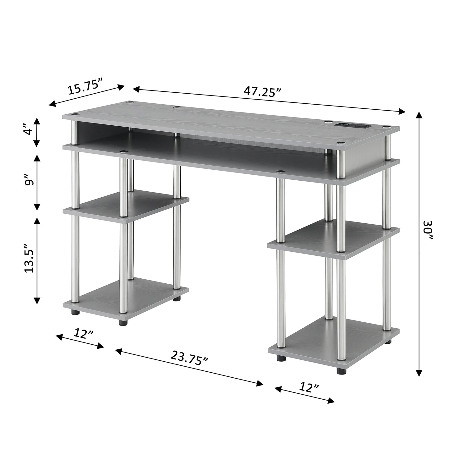 30-Inch Tall Student Desk with Charging Station and Shelves, Gray - No Tools Assembly Required