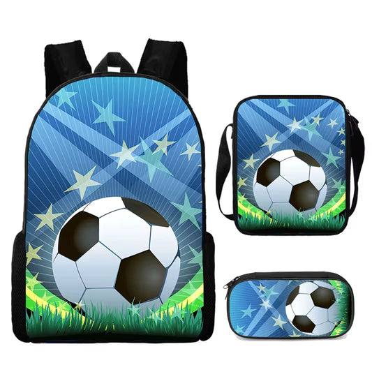 3-Piece Cartoon School Backpack Set for Boys and Girls with Football Design - Lightweight and Customizable