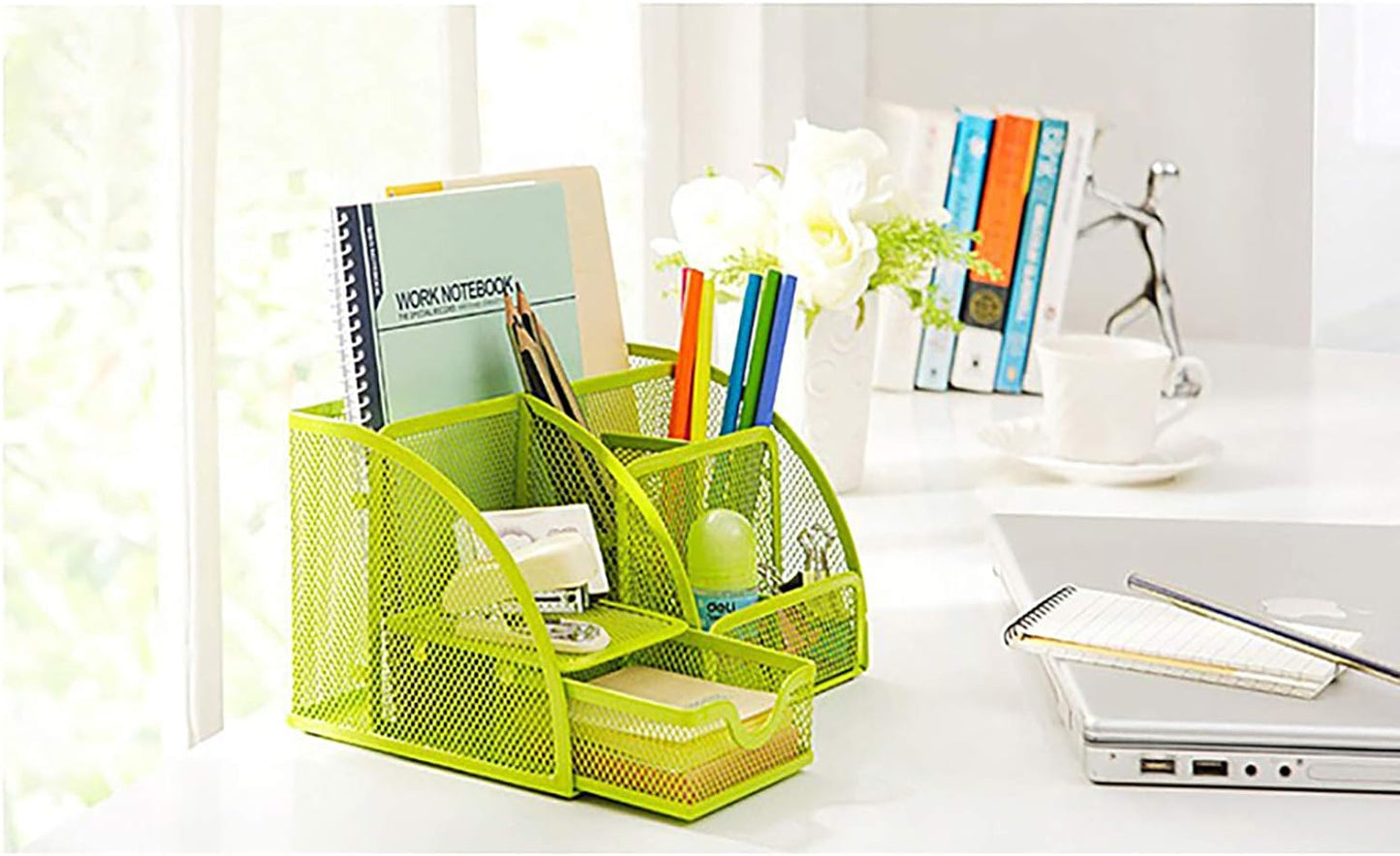 Stylish Green Mesh Desk Organizer with 6 Compartments and Drawer for Office and School Supplies