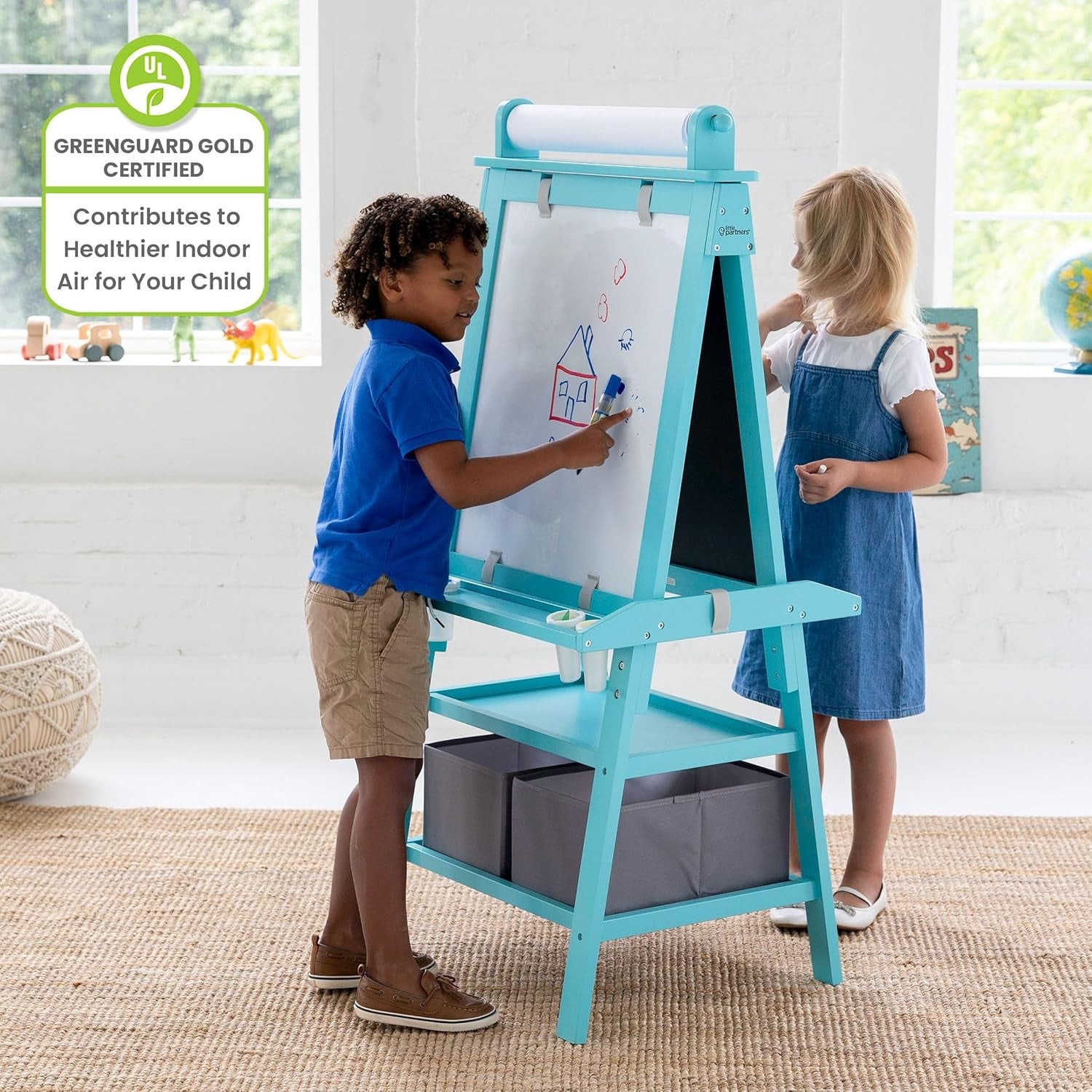 Learn 'N Play Dual-Sided Art Easel - Versatile Painting, Magnetic Dry Erase & Chalkboard for Creative Kids in Turquoise