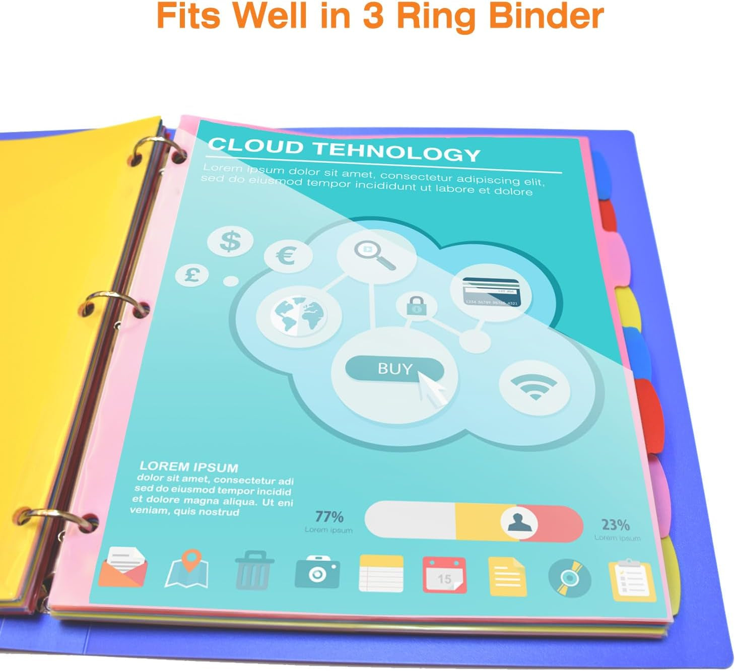 Ultimate Organization Solution: 24 Tabs Multi-Color Plastic Dividers with Clear Front Pockets for 3 Ring Binders