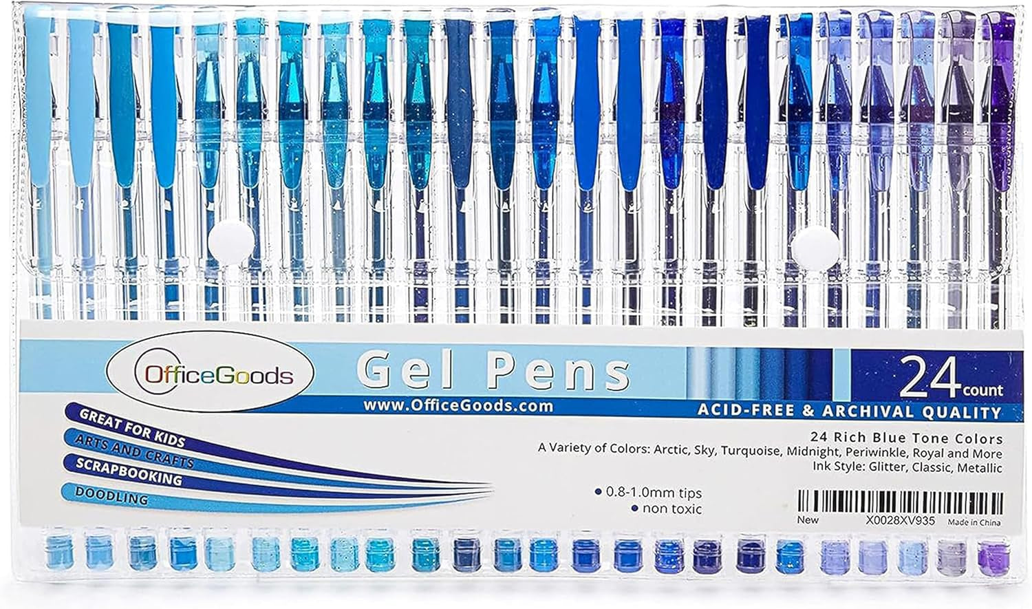 Premium Blue Gel Pen Set with Refills - 24 Pack Featuring Metallic, Glitter, and Classic Colors for Writing, Coloring, and Journaling