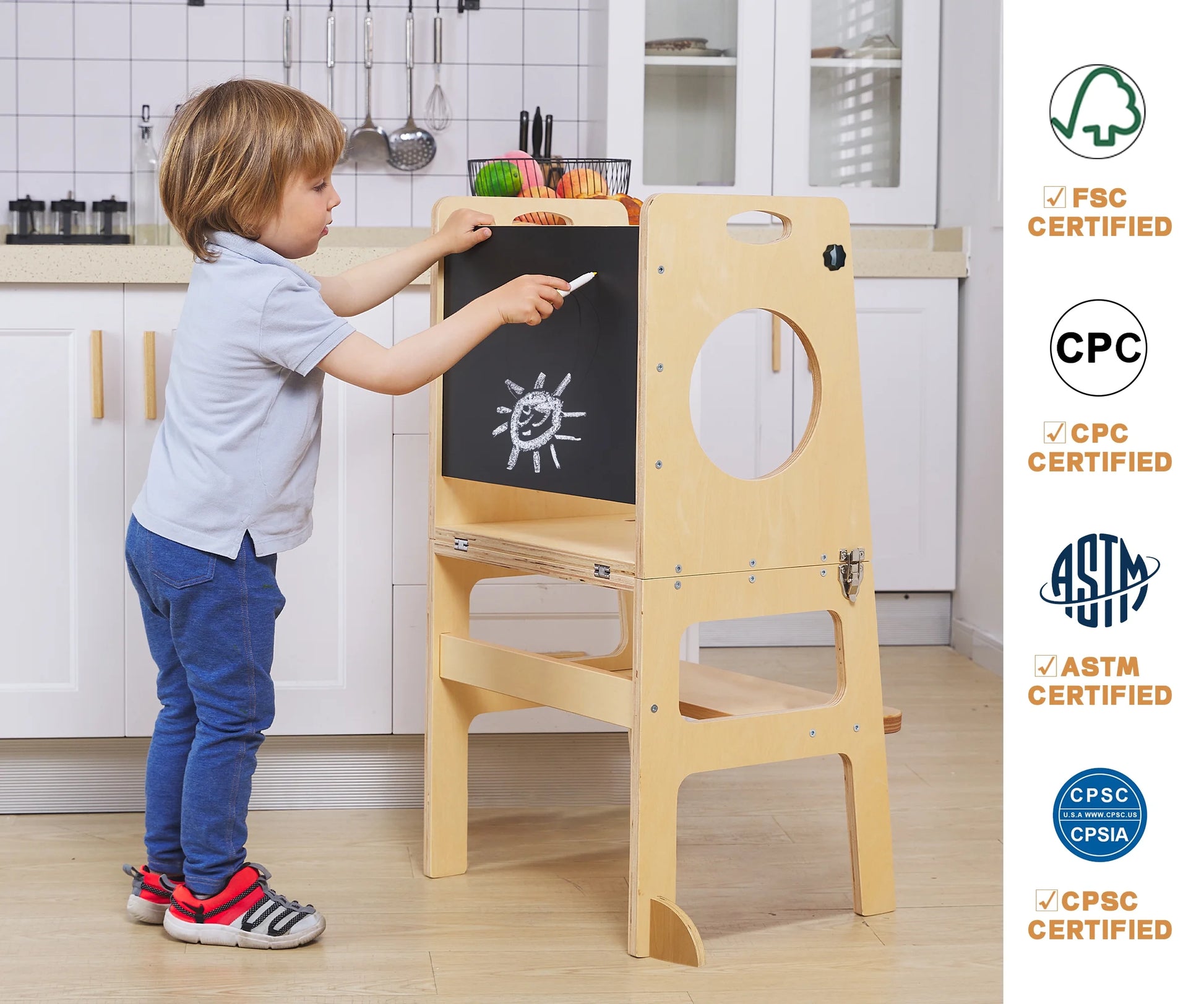 Transformative 4-in-1 Montessori Study Tower with Chalkboard: The Ideal Kitchen Companion for Toddlers Aged 1-6